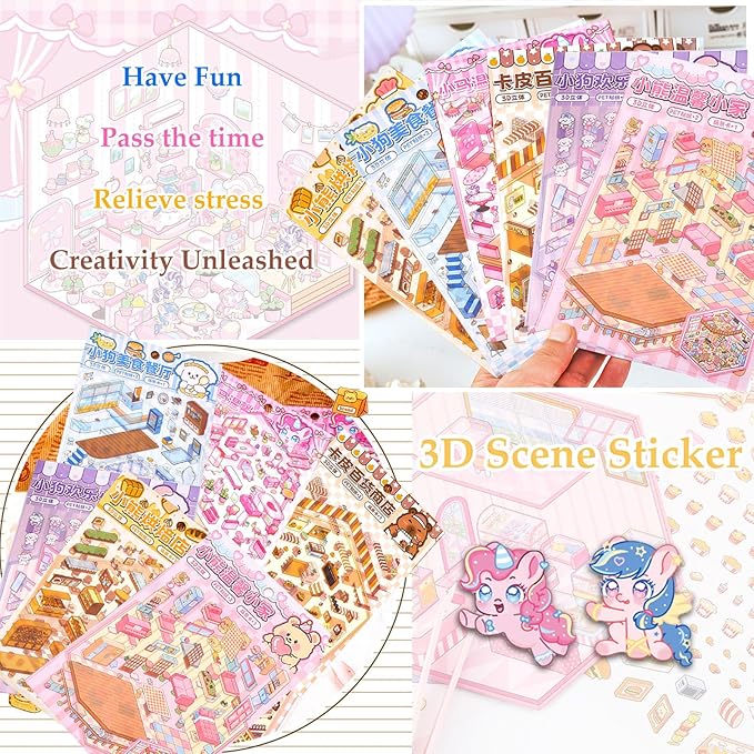 DIY 3D Sticker Scene, 6 Sets of Cute Miniature Isometric Stickers for Kids Adult Therapy Scenes Sticker Reuseable and Waterproof Stickers for Girl