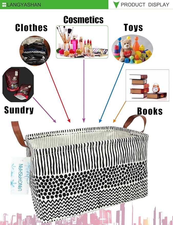 LANGYASHAN Rectangular Storage Bin Collapse Canvas Fabric Cartoon Storage Basket with Handles for Organizing Home Kitchen Boys and Girls Toys Office Closet Shelf Baskets (Rec Black line)