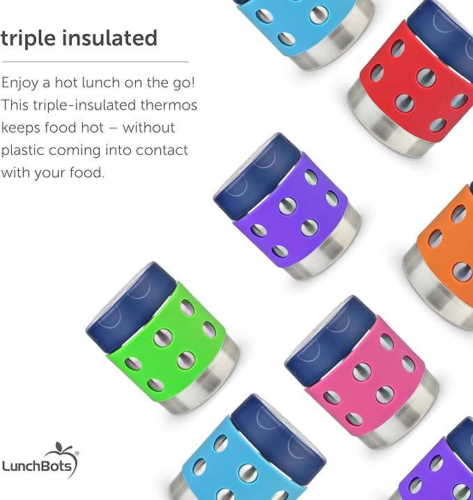 LunchBots Thermal 8 oz Triple Insulated Thermos - Hot 6 Hours or Cold 12 Hours - Leak Proof Thermos Soup Jar - All Stainless Interior - Navy Lid - Orange Dots