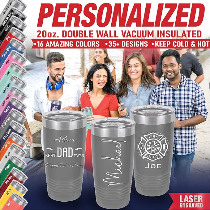 iProductsUS Personalized Tumbler for Men, Insulated Stainless Steel Travel Coffee Mug, Laser Engraved Custom Cup, Slider Lid Included, Gifts for Dad, Husband (Gray, 20oz)