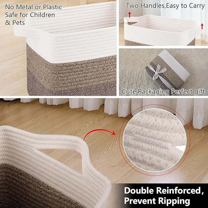 OIAHOMY Storage Basket, Woven Baskets for Storage, Cotton Rope Basket for toys,Towel Baskets for Bathroom - Pack of 3, Gradient Dark Brown