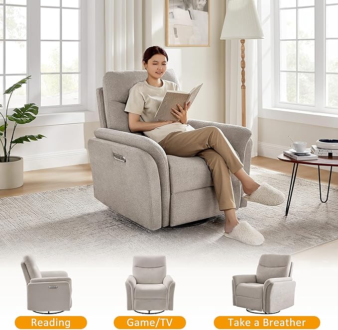 Power Recliner Chair Swivel Glider, Electric Rocking Recliner Chairs with USB and Type-C Ports, Nursery Chair Recliner for Living Room, Bedroom, Apartment（Camel）