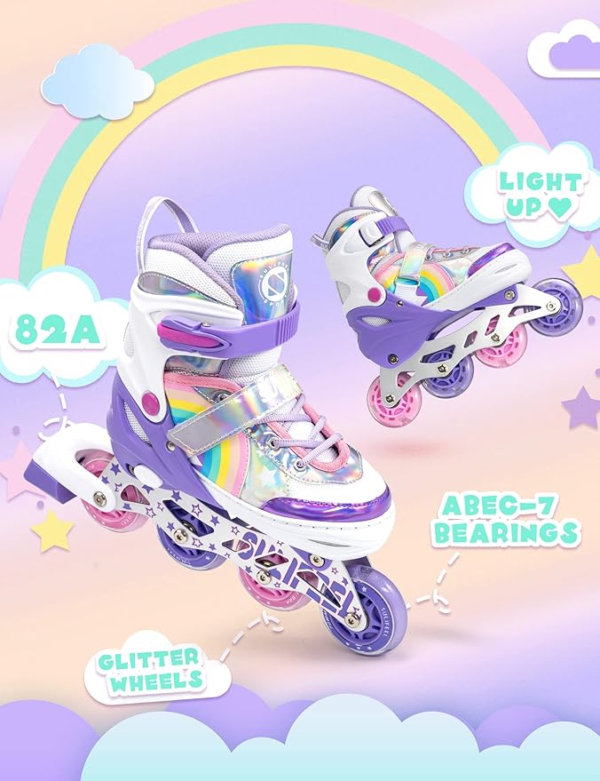 SULIFEEL Rainbow Unicorn Inline Skates for Girls Boys 4 Size Adjustable Light up Wheels Skates for Kids Beginner