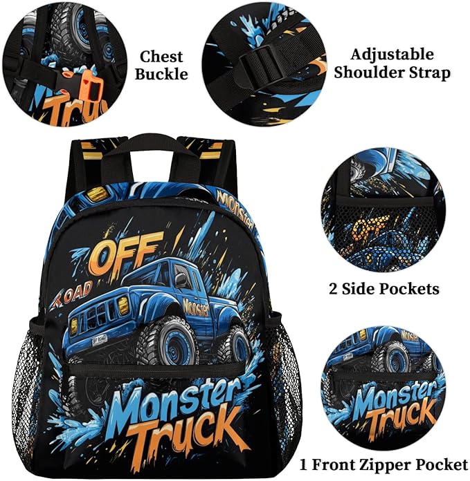 Toddler Backpack for Boys Girls - 12 Inch Monster Car Trucks Kids Backpack Preschool Kindergarten Backpack Lightweight Waterproof Schoolbag Book Bag for School