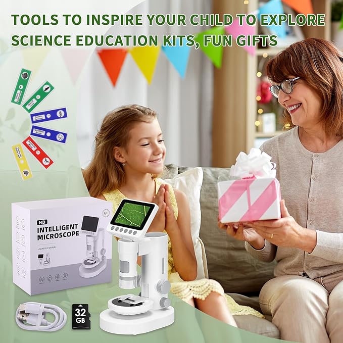 Microscope for Kids with up to 1000X Magnification, 3.5-inch Foldable Color Screen, 2-in-1 USB Microscope with Photo and Video for Classroom Education, Learning and Exploration