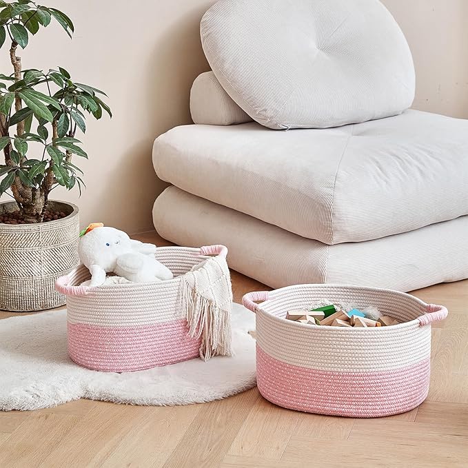 Storage Baskets for Organizing | 15"x10.2"x9.1" - 1 Pack Nursery Bin with Handles - Woven Cotton Rope Baskets for Dog Toys, Books, Shelf, Bathroom,Closet -Pink Basket for Girls