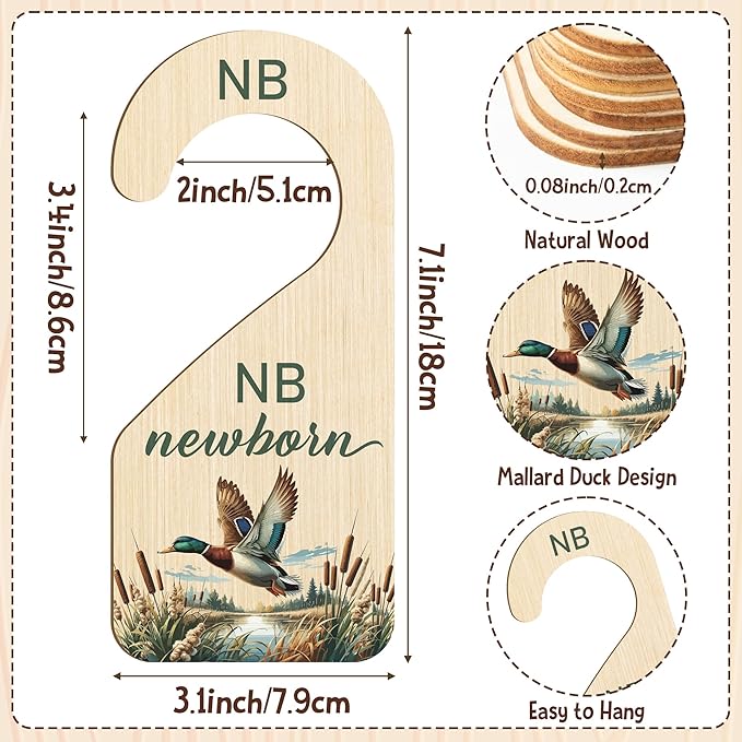 R HORSE Wooden Baby Closet Dividers - 8Pcs Mallard Duck Baby Closet Organizer Double-Sided Newborn Clothes Size Hanger Dividers Nursery Decor Birthday Gift for Boy Girl (0-24 Months)