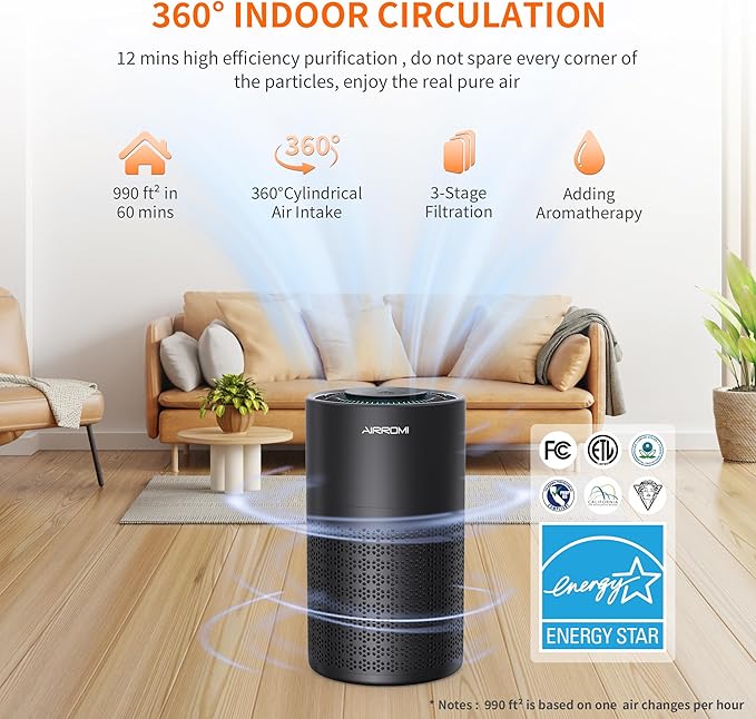 AIRROMI Air Purifier for Bedroom with HEPA 3-in-1 Filter, Pet Air Purifier for Home Cat Pee Smell, Covers Upto 990 Ft², Quiet 360°intake Air Cleaner for pet hair,allergies,Dust,Smoke A2001 Black