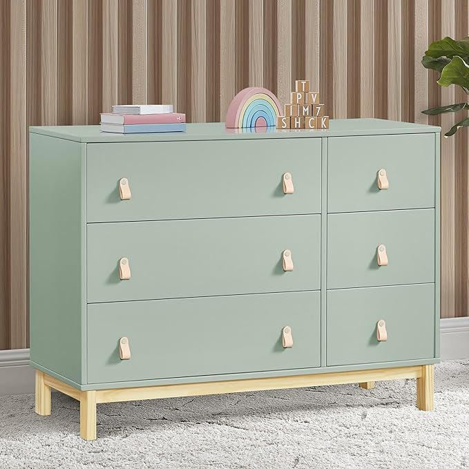 Delta Children babyGap Legacy 6 Drawer Dresser with Leather Pulls and Interlocking Drawers Greenguard Gold Certified, Sage Green w/Natural
