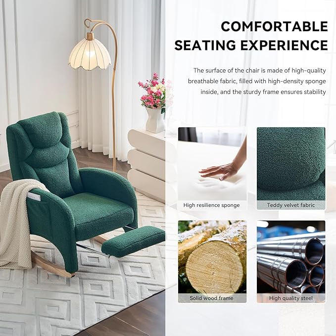 Rocking Chair Nursery, Modern Glider Chair with Adjustable Footrest and Solid Wood Legs, High Backrest Nursery Chair with Side Pocket, Rocker Armchair for Living Room Bedroom, Teddy Green