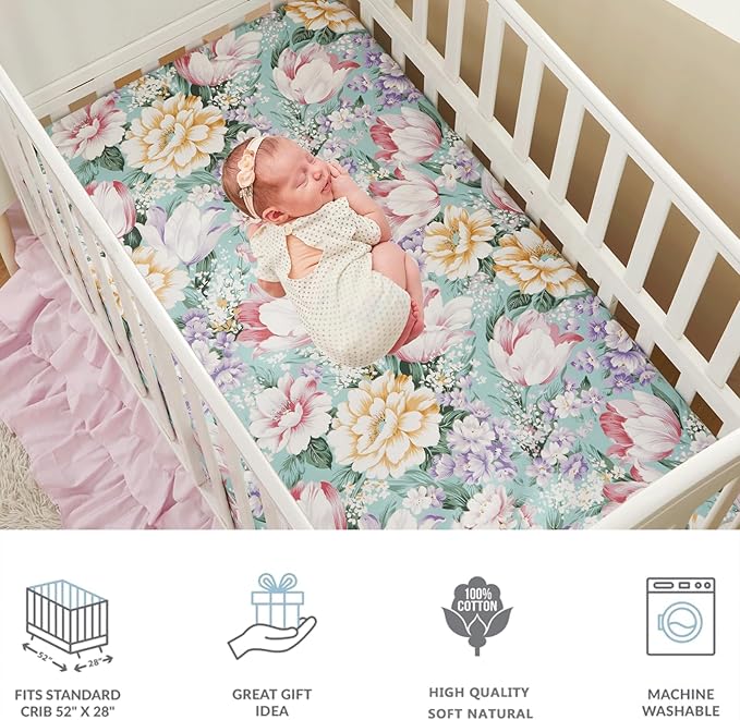 Brandream Crib Bedding Sets for Girls Garden Floral Nursery Set 3-Piece | Ruffled Baby Comforter, Crib Sheet and Tulle Lace Crib Bed Skirt, Green White