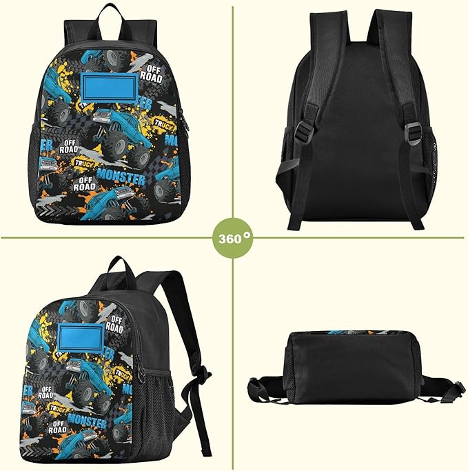 Monster Truck Toddler Backpack Waterproof Mini Backpack with Name/Text Preschool Backpack Cute Small Kindergarten Pre School Bags 13 Inch, Medium, Pattern 4