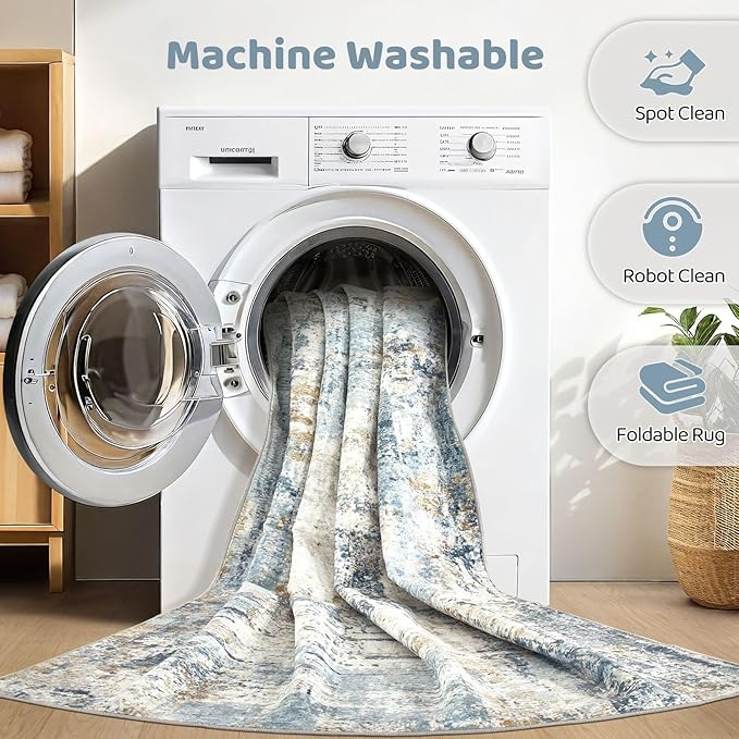 7x10 Area Rugs Washable Rug: Living Room Large Abstract Modern Soft Stain Resistant Indoor Floor Non Slip Accent Carpet for Bedroom Nursery Playroom Office Dining Room Dorm Home House- Blue