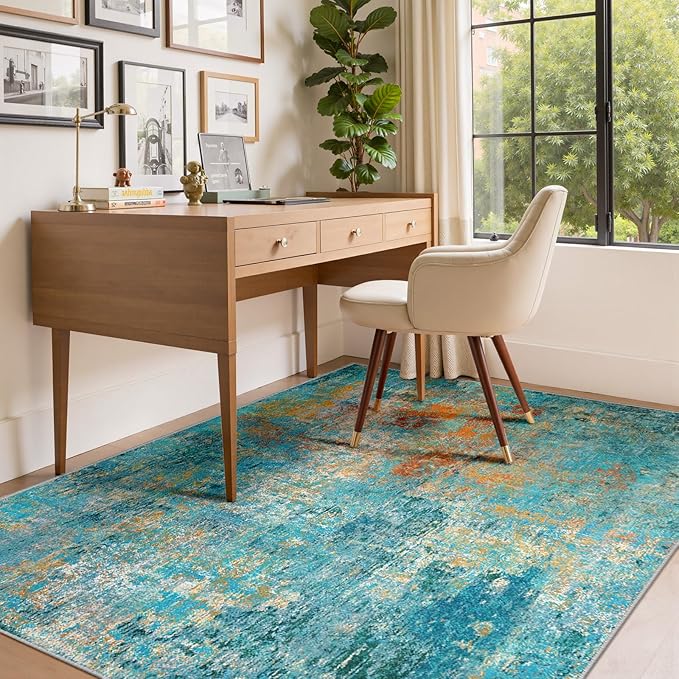 Washable Area Rugs 8'x10' Non-Slip Modern Abstract Soft for Living Room Entryway Bedroom Nursery, Print Pattern, Teal Blue Green Orange Rust Red Colorful