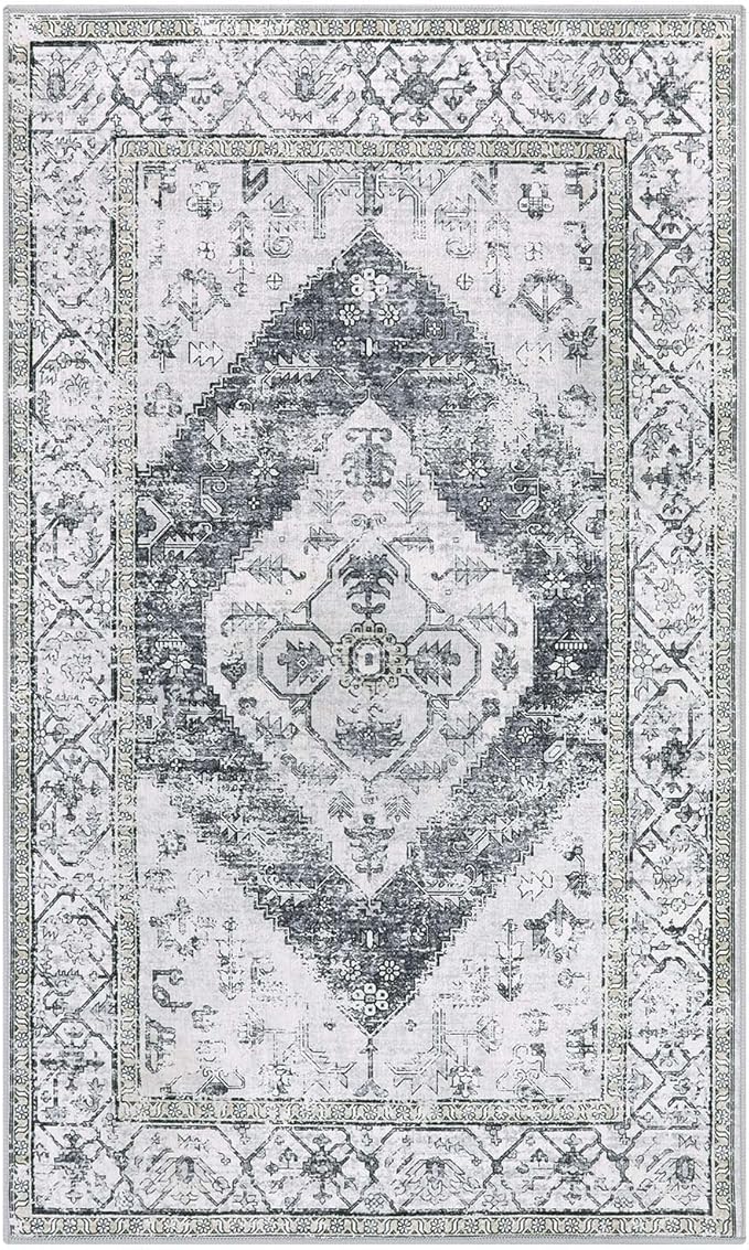 Lahome Boho Washable Rugs for Bedroom - 3x5 Area Rugs for Living Room Throw Non-Slip Thin Entryway Rug Kitchen Rugs Grey Oriental Distressed Print Capet for Office Bathroom Laundry Room Dining Room