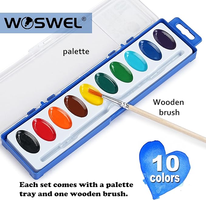 Watercolor Paint Set, Washable paint 10 Colors, 24 Sets with Brush Watercolor Paint Set