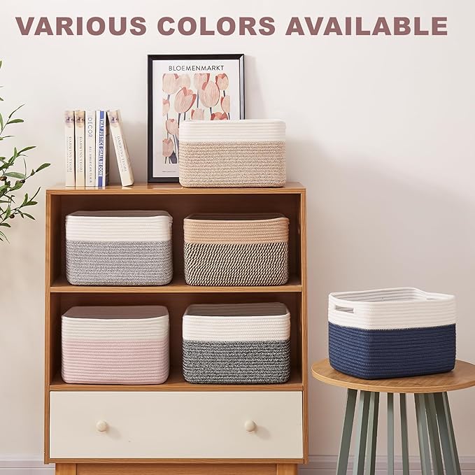 OIAHOMY 4 Pack Storage Baskets for Organizing, Basket for Shelves with Handle, Woven Baskets for Storage Toys, Towels, Books, Cotton Rope Basket 13" L x 9 " W x 7.8 " H, Brown & White