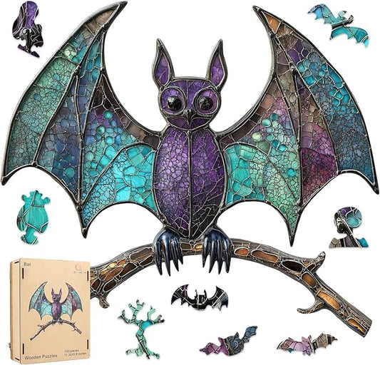 Wooden Puzzles for Adults,Stained Glass Bat Puzzles -Animal Wooden Puzzles,Unique Irregular Fun Challenging Jigsaw Puzzles Gifts，Perfect Family Games,11.2 * 10.6inch