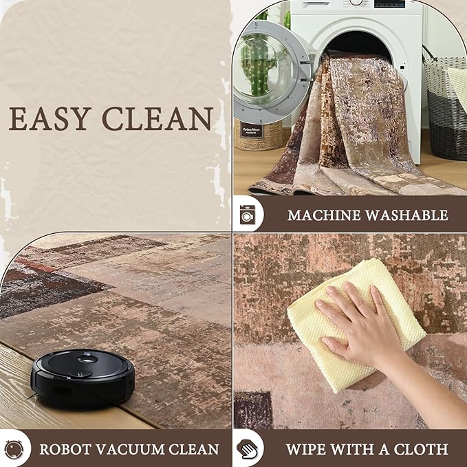 LOCHAS Rug for Living Room, Washable Soft Area Rugs for Bedroom 8x10, Abstract Carpet for Indoor Office Kids Dining Room Nursery Floor, Brown Geometric Vintage Home Decor, Non Slip, Pet Child Friendly