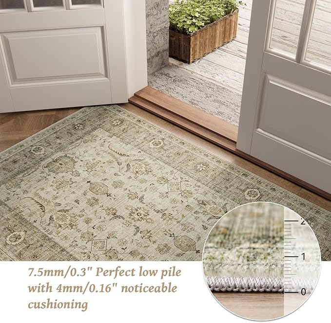 Washable 3x5 Entryway Rug Indoor, Boho Non-Slip Silicone Backing Small Rugs for Kitchen Nursery Office Bedroom, 0.3" Neutral Oriental Throw Carpet with 0.16" Cushioning Pad, Light Brown/Multi