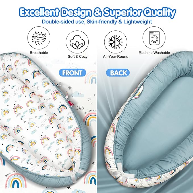 Baby Lounger - Baby Lounger for Newborn 0-24 Months, Breathable & Soft Baby Nest, Portable and Lightweight Lounger for Home and Travel, Ideal Newborn Babies Essentials (Blue-Rainbow)