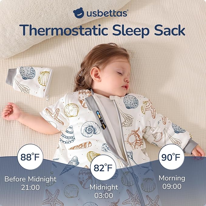 Baby Sleep Sack 3-6 Months, Cotton Detachable Long Sleeve Sleep Sack, 1.0 Tog Toddler Sleeping Sack with Temperature Strips, 2-Way Zipper Wearable Blankets for Newborns, Ocean