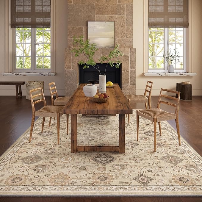 Machine Washable Rug for Living Room: 8x10 Area Rugs Boho Vintage Rug Stain Resistant Non Slip Low Pile Soft Lightweight Carpets for Bedroom Kitchen Dining Room Nursery Kids Room Farmhouse