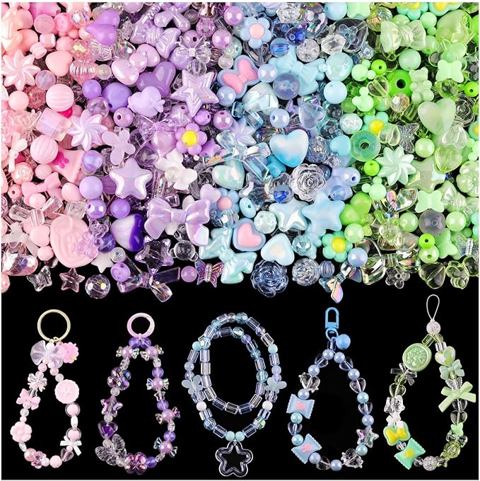 Assorted 180-240PCS Acrylic Beads for Bracelet Making, Flower Bow Butterfly Candy GummyBear Aesthetic Bracelet Charms,Cute Beads for Jewelry Making DIY Necklace Keychain Phone Charm