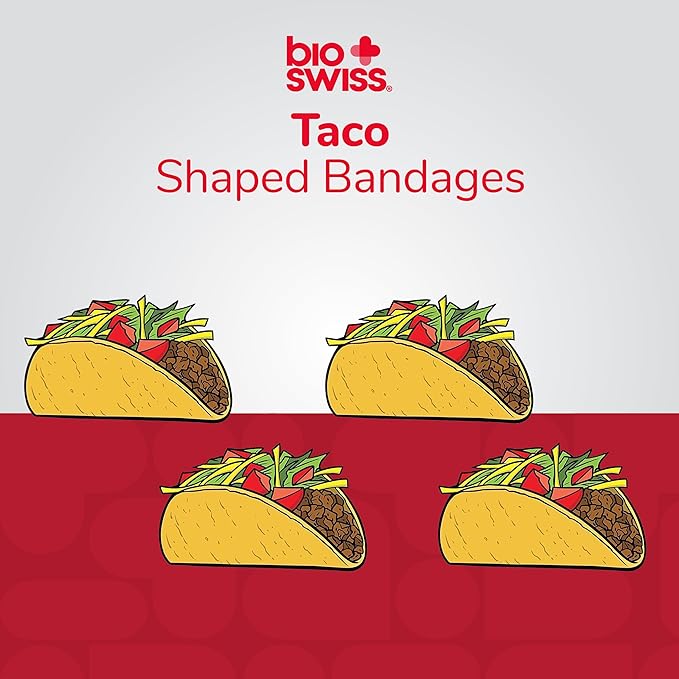 BioSwiss Bandages, Taco Shaped Self Adhesive Bandage, Latex Free Sterile Wound Care, Fun First Aid Kit Supplies for Kids, 24 Count