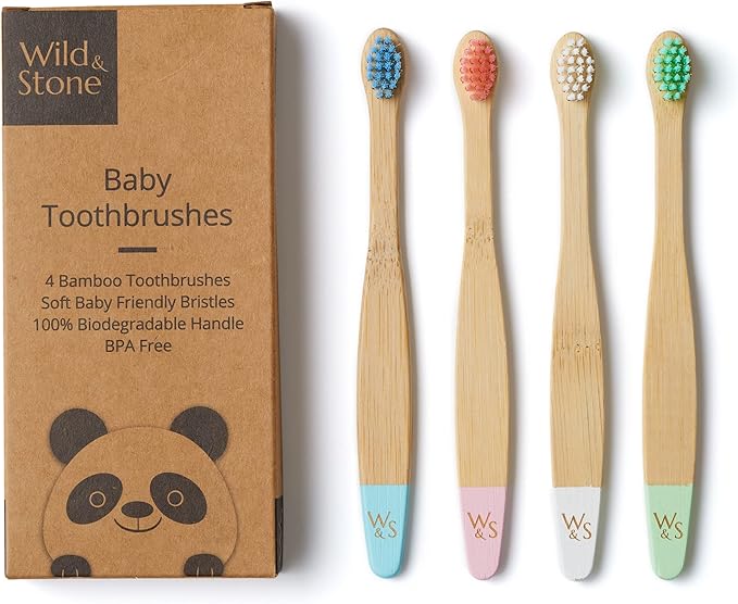 Wild & Stone Organic Baby Bamboo Toothbrushes | 4 Pack | Soft Bristles | 100% Compostable Handle | BPA Free | Vegan Baby Toothbrushes (Multicolour)