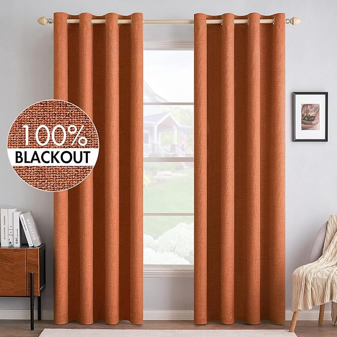 MIULEE 100% Blackout Linen Curtains for Bedroom Thermal Insulated Orange Grommet Room Darkening Curtains & Drapes Fall Decor for Living Room Nursery 52 x 96 Inch (2 Panels)