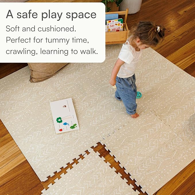 Lillefolk Baby Foam Play Mat - Baby Playmat | Tiles Interlocking Mat - Foam Baby Mat for Babies & Toddlers - Non Toxic Play Mat for Baby Tummy Time Mat Super Luxe Size 8x8 ft (16 Tiles), Beige