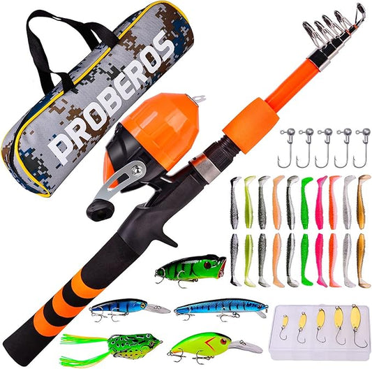 PROBEROS Kids Fishing Pole - Portable Telescopic Fishing Rod and Reel Combo Kit - Spincast Fishing Reel Casting Rods with Lures Lines Tackle Box and Bag for Boys Girls Youth Fishing