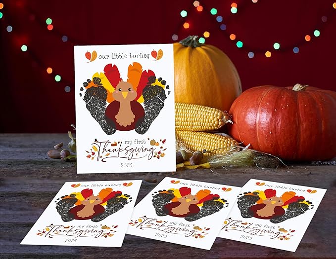 My First Thanksgiving Foot Print Kit for Baby, DIY Baby Keepsake Gifts, 10 Cute Turkey Cards, Supplies for Thanksgiving Party Games, Make Your Own Thank You Greeting Cards Gifts for Mom and Dad, 02