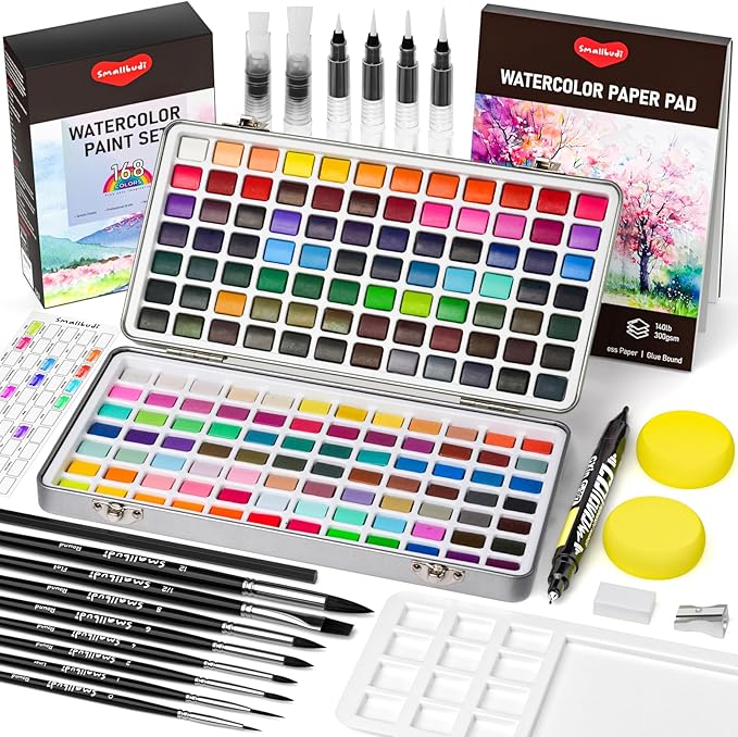 Watercolor Paint Set 168 Colors Including Metallic, Watercolor Kit with Case, Watercolor Paper, Paint Brushes, Palette and Accessories, Water Color Art Supplies Gift for Adults Kids Artists