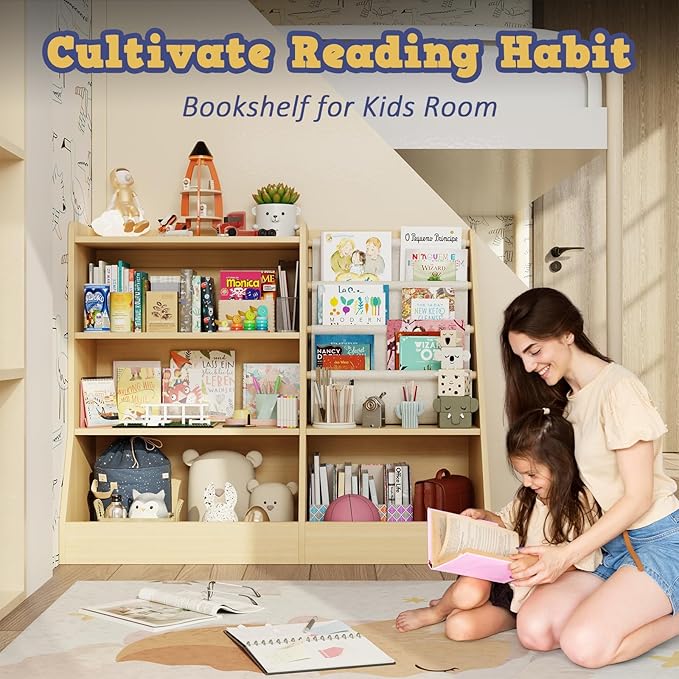 39" Large Kids Wooden Bookshelf and Toy Storage Organizer, Baby Bookcase with Sling Book Rack, Children Toddler Wooden Book Shelf for kids rooms, Playroom, Classroom, Nursery, School (Natural)