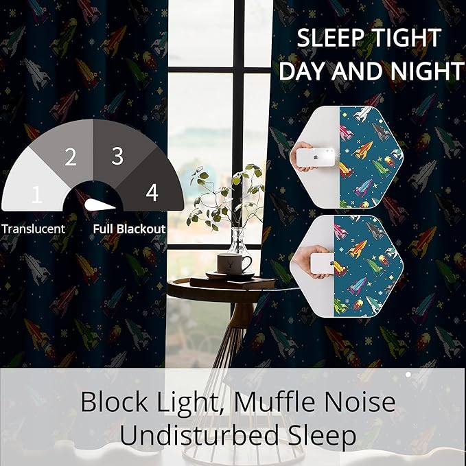 Kids Pixel Rocket Blackout Curtains - 100% Blackout, Thermal Insulated, Noise Reducing, Perfect for Kids Room and Nursery, 2 Panels (Pixel Rocket Fleet, W52×L63)