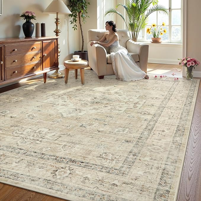 LIVEBOX Washable Area Rug 10x14 Rugs for Living Room Bedroom, Non-Slip Boho Neutral Carpet for Dining Room Office, Low-Pile Farmhouse Soft Carpets for Kids Nursery Room Playroom, Tan