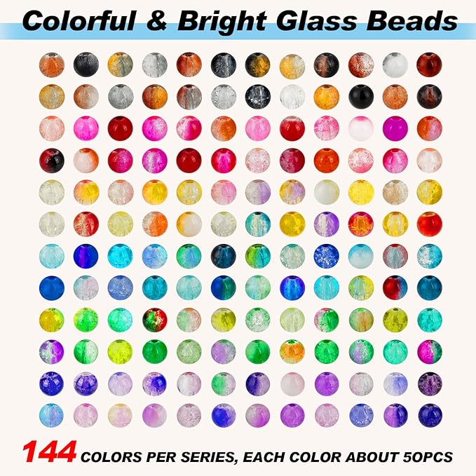 XSEINO About 7200pcs 144 Colors 6mm Crackle Glass Beads Bracelet Making Kit,6Box Different Style Crack Series Colorful Crystal Beads for Bracelet Jewelry Making,DIY Crafts,Friendship Bracelets