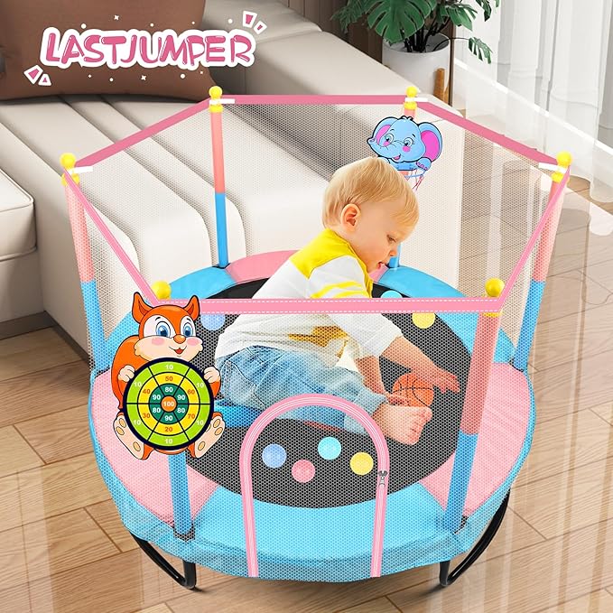 Pink Indoor Trampoline for Kids 2-5, 5ft Mini Indoor & Outdoor Small Toddler Trampoline with Net and Basketball Hoop