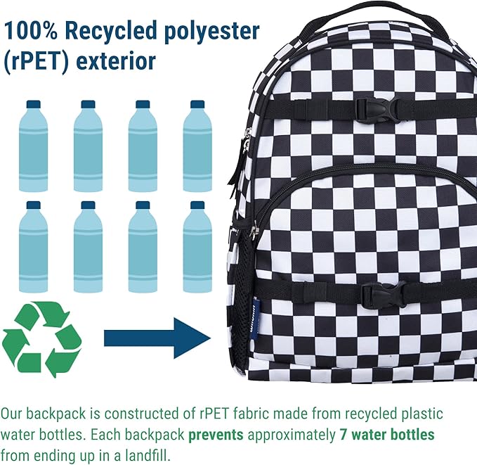 Wildkin ECO rPET 15-inch Kids Backpack – Sustainable, Padded, Adjustable – Black & White Checkered