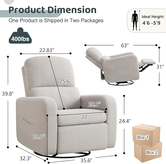 Swivel Rocker Recliner, Oversized Manual Nursery Glider Rocking Recliner with Removable Cushion, Upholstered Teddy Boucle Swivel Reclining Chair for Nursery Living Room Bedroom, Teddy Grey