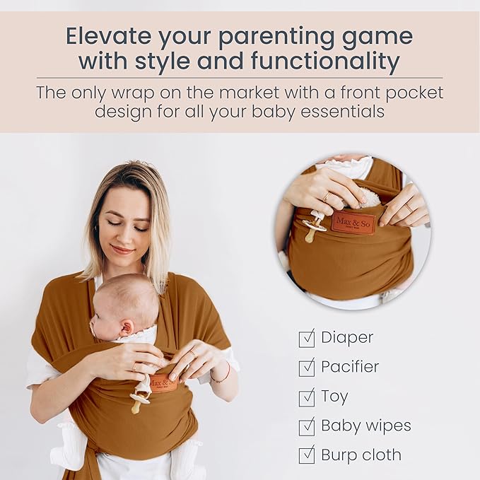 Baby Wrap Carrier - Premium Cotton Baby Carrier Wrap for Newborn to Toddler- Infant Carrier- Baby Holder One Size Fits All with Front Pocket by Max&so