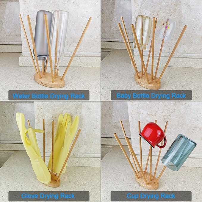Plastic Bag and Bottle Drying Rack, Reusable Ziplock and Freezer Bag Dryer Rack, Space Saving, Beech Wood