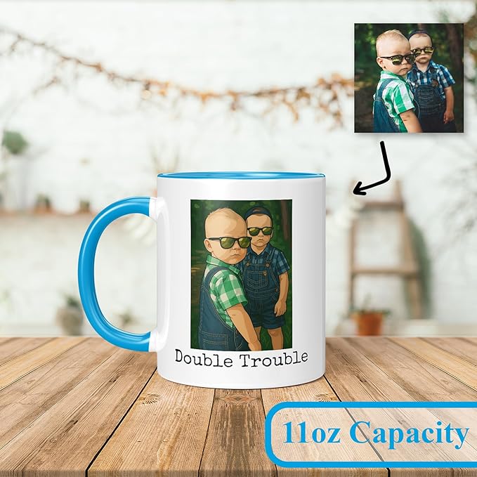 Personalized Coffee Mug, Custom Drawing Portrait Gift, Funny Customized Coffee Gift for Men & Women, Custom Mugs with Pictures, Light Blue 11oz Father's Day Mug