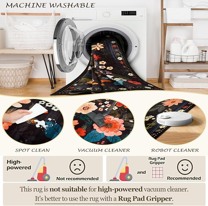 Floral 3x5 Area Rug Machine Washable Soft Print Boho Carpet Non Slip Doormat Low Pile Flower Area Rugs for Living Room Bedroom Nursery Kitchen Dining Room Indoor-Black