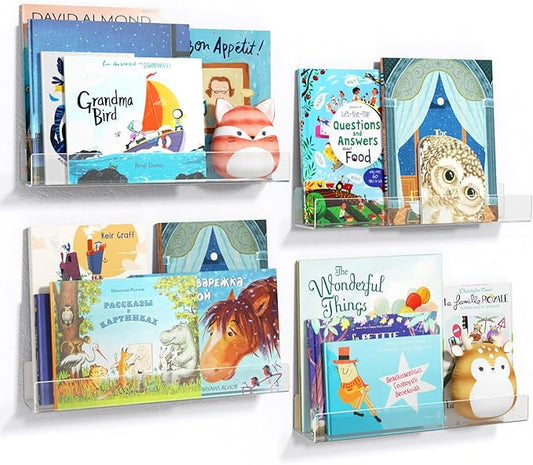 NIUBEE 16.5-Inch Acrylic Floating Bookshelves, 4-Pack, Clear Modern Wall Shelves for Child/Toddler， Invisible Ledge Book Shelves for Multi-Layer or Multi-Room Storage in Kids’ Rooms and Family Spaces