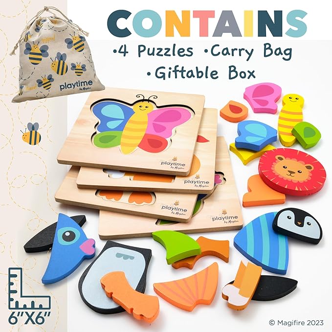 MAGIFIRE Toddler Puzzles Wooden Set of 4-4-Pack Multicolor Wood Animal Shapes with Storage Bag & Giftable Box - Wooden Puzzles for Toddlers 1-3 - Shape Recognition & Fine Motor Skills