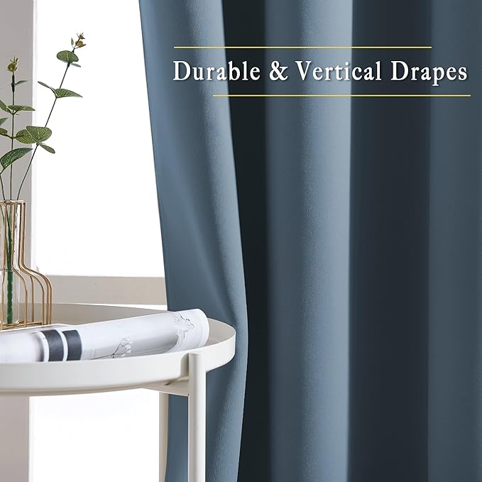 NICETOWN Smoky Blue Blackout Curtains for Bedroom - Triple Weave Grommet Top Thermal Insulated Window Treatment Light Blocking Drapes for Cafe/Home Office, W46 x L54, Set of 2