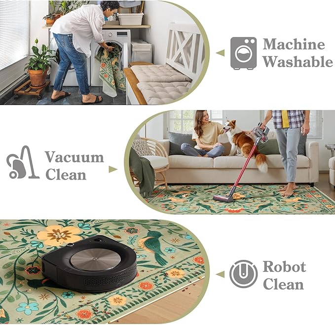 Moynesa Washable 8x10 Area Rugs for Living Room, Ultra Thin Soft Boho Bedroom Rug Stain Resistance, Low Pile Indoor Bird Pattern Sage Green Large Carpet for Nursery Dining Room Under Table